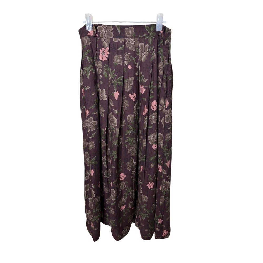 Radcliffe Vintage Floral Maxi Skirt Burgundy Pink Pleated Pockets Womens Medium